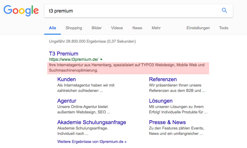 Google SEO-Description in den organischen Suchergebnissen