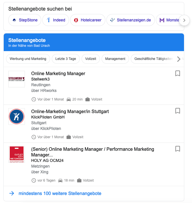 Google for Jobs: Übersicht Stellenangebote